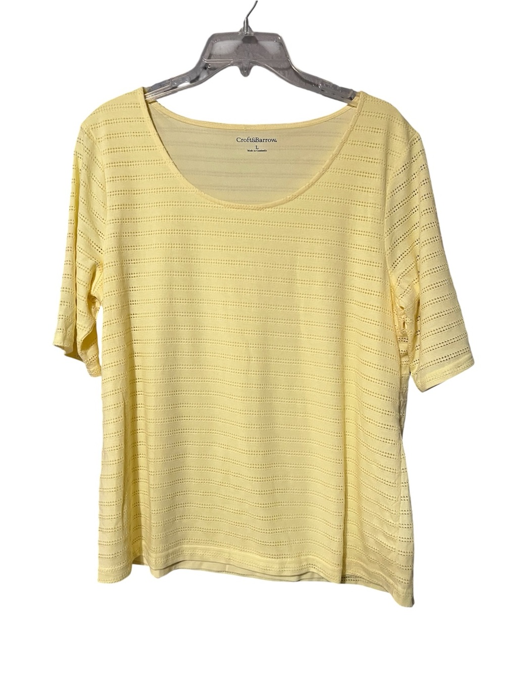 Croft & Barrow Yellow Eyelet Knit Top Short Sleeve Lined Stretch Tee Size Large